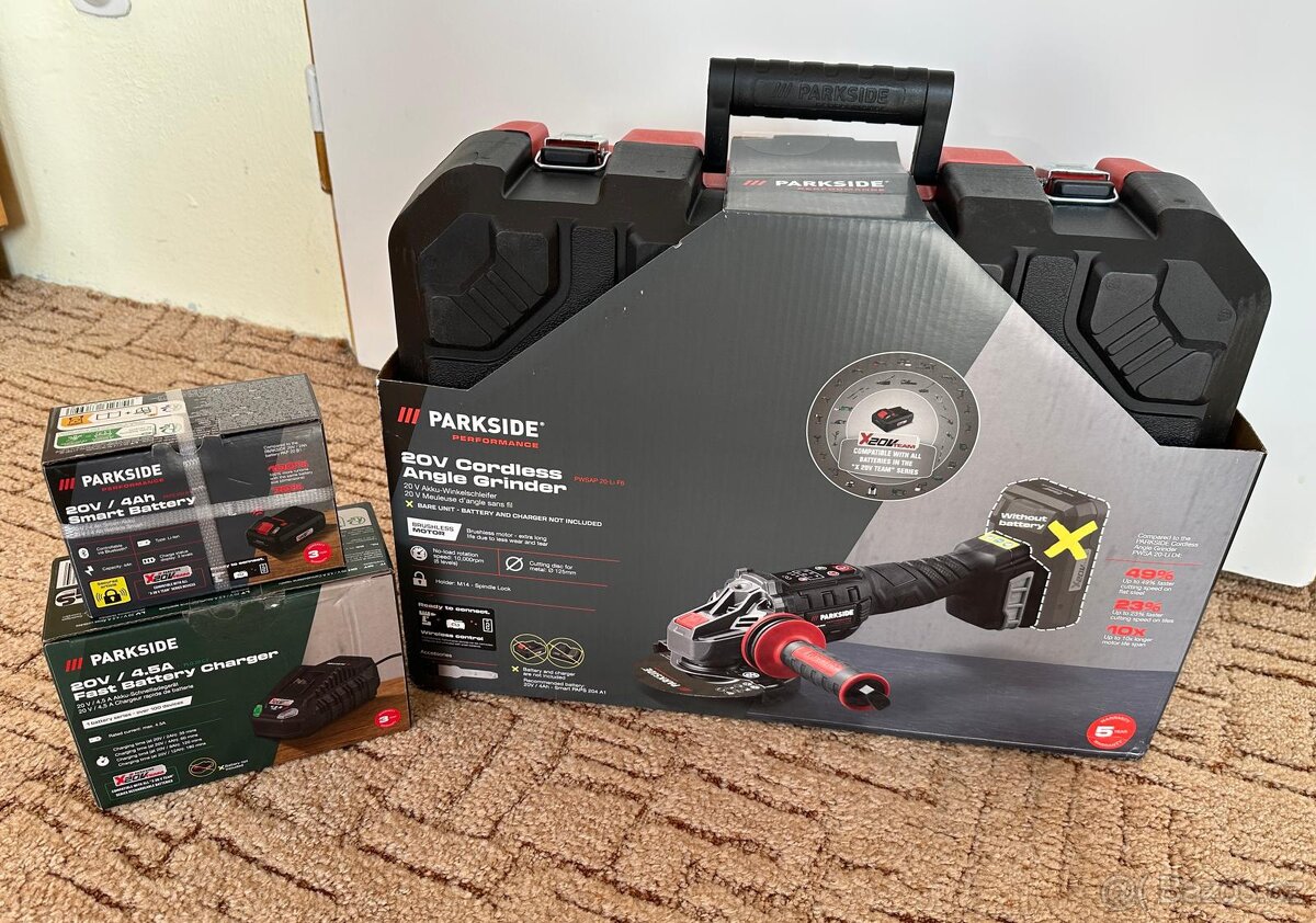 Aku úhlová bruska Parkside|+4Ah baterie,rychlonabíječka