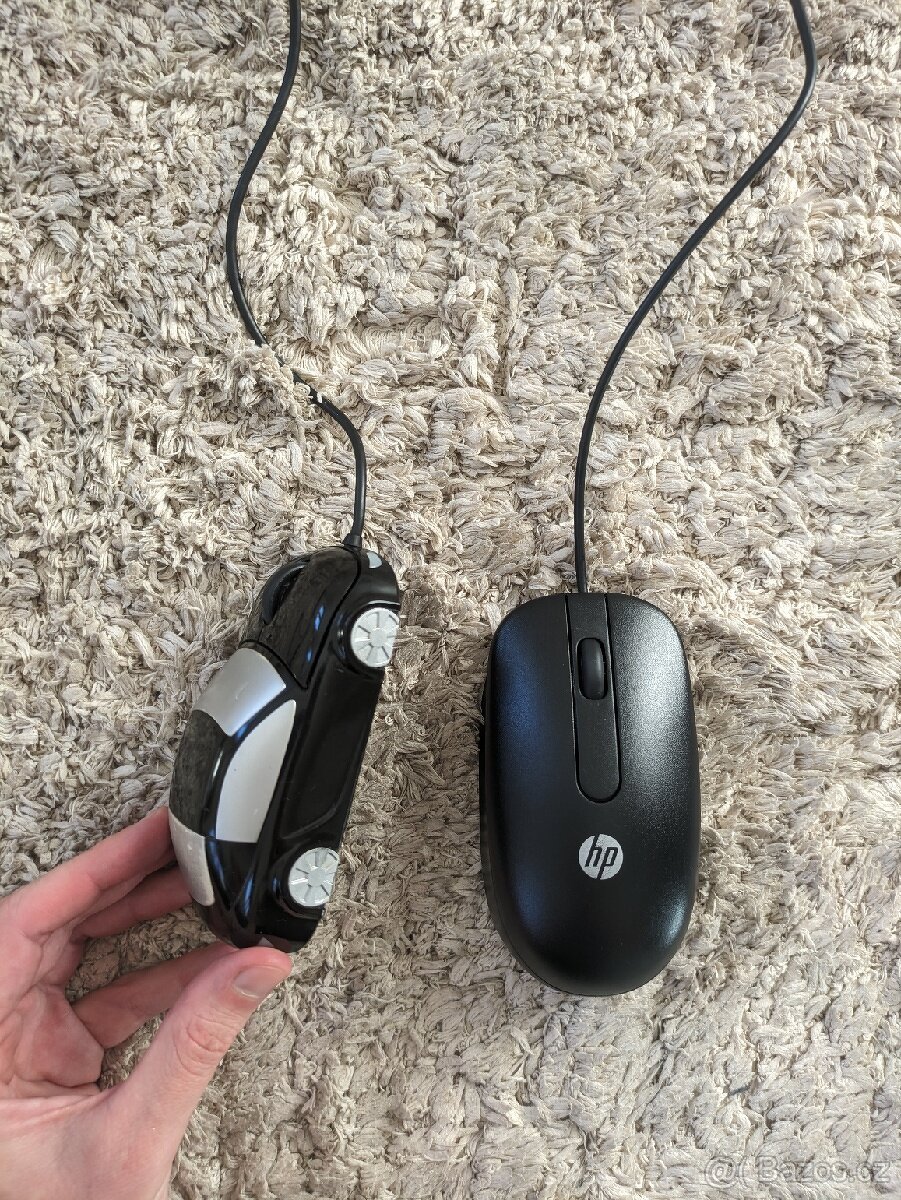 HP drátová myš a myš ve tvaru auta