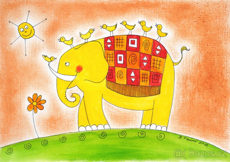 Veselý obrázek pro děti, Slůně s ptáčky, reprodukce dětská
