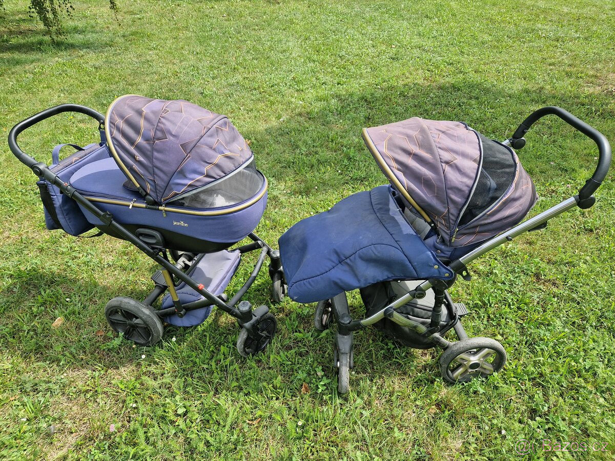 Dětský kočárek JASMINE 2x + autosedačka + síťka proti hmyzu