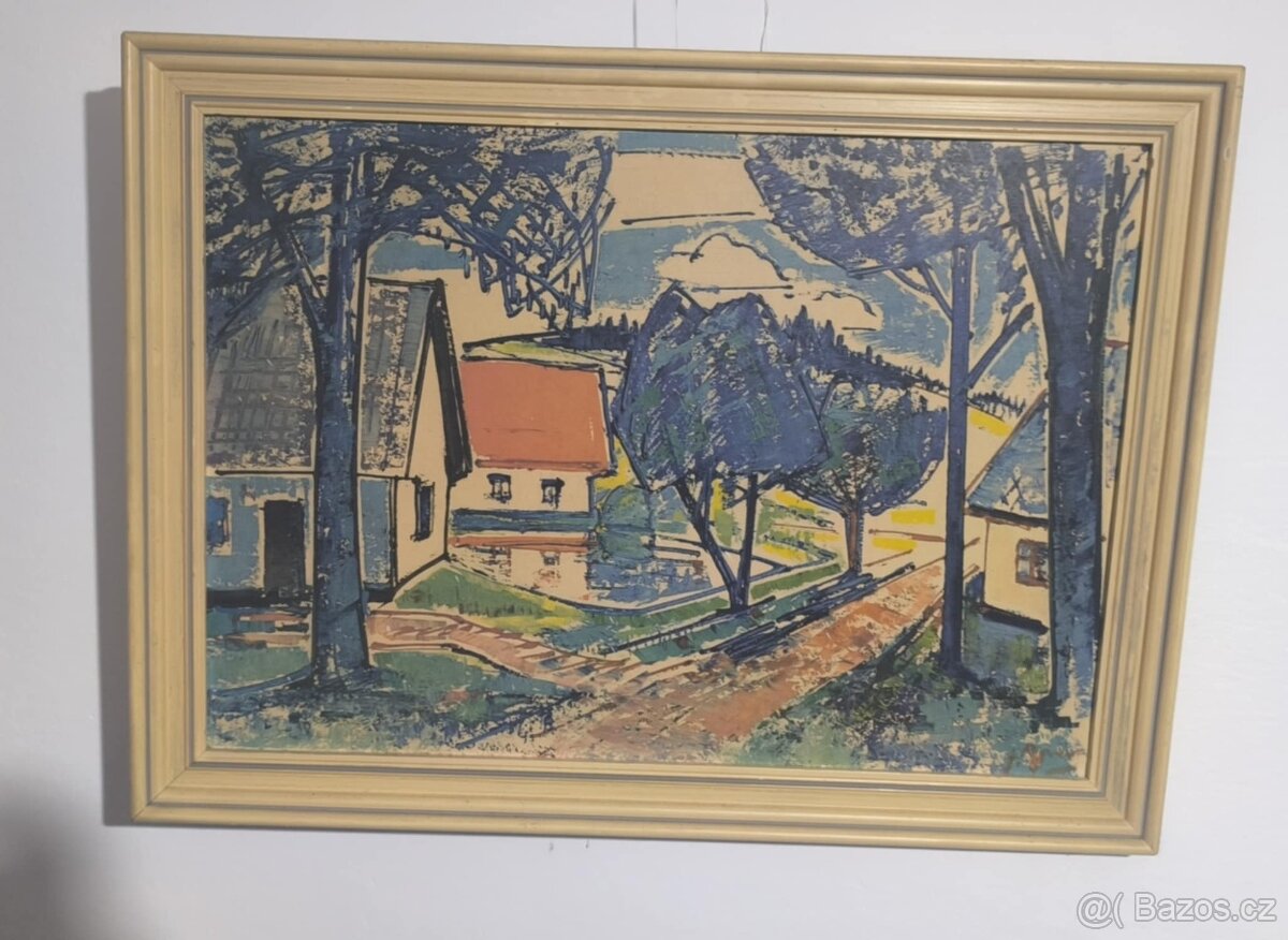 JAROSLAV GRUS: MOTIV S ČERVENYM DOMKEM, 1971 -olej