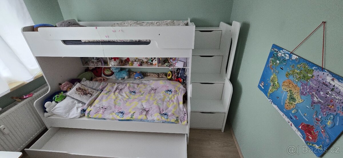 Dětská dvoupatrová postel se schody + matrace