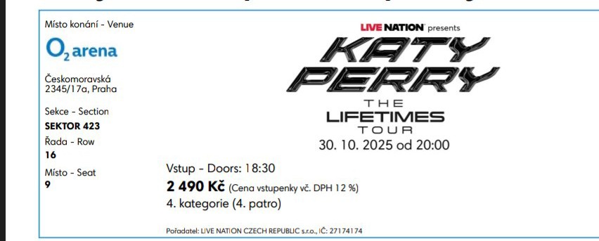 Online Vstupenka - Katy Perry Lifetimes tour - 30.10 2025