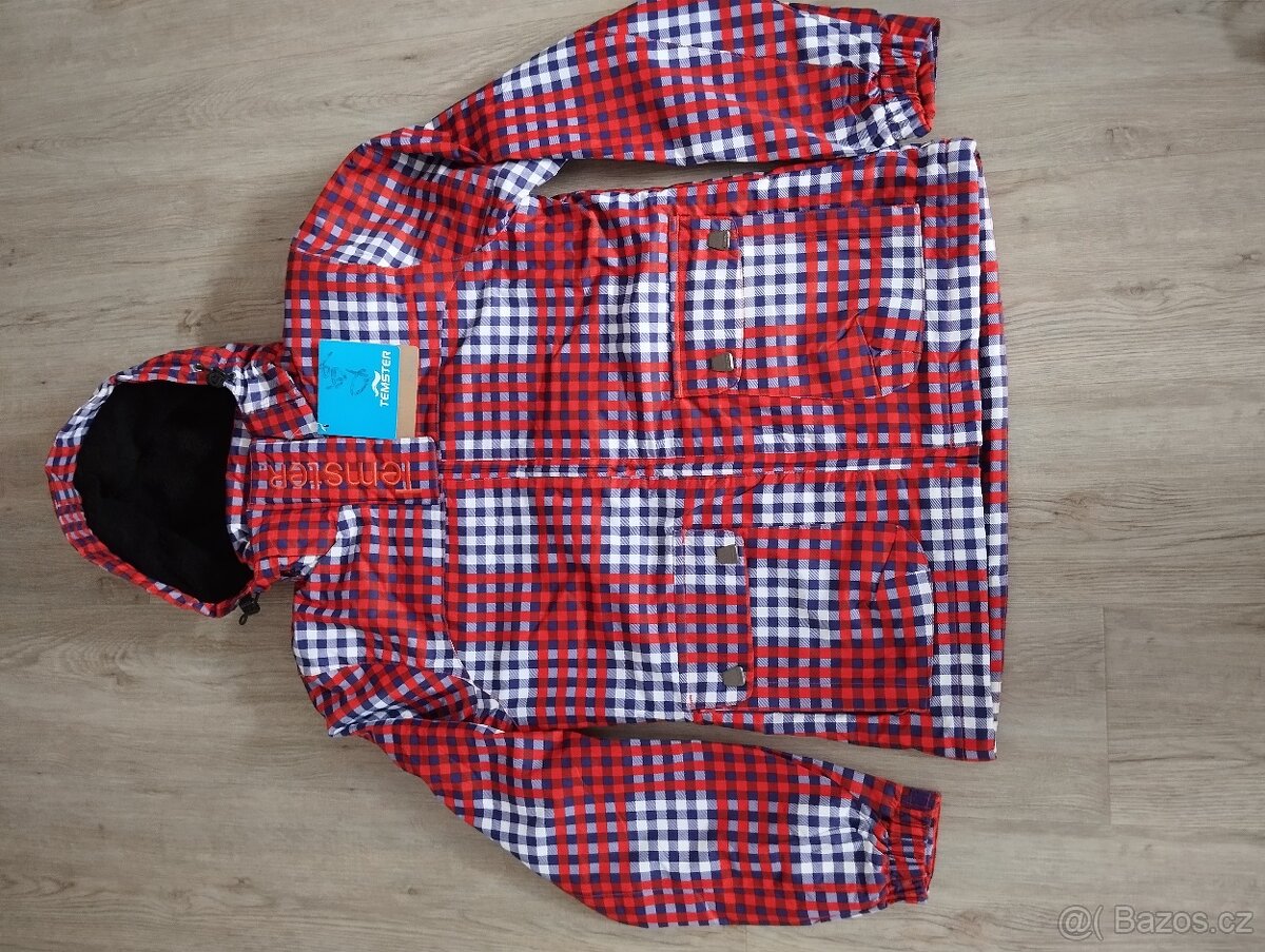 Zimní nová bunda, vel. M, červeno-fialovo-bílá kostička
