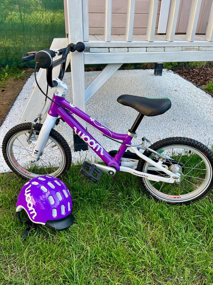 Dětské kolo Woom 2 fialové + helma Woom XS