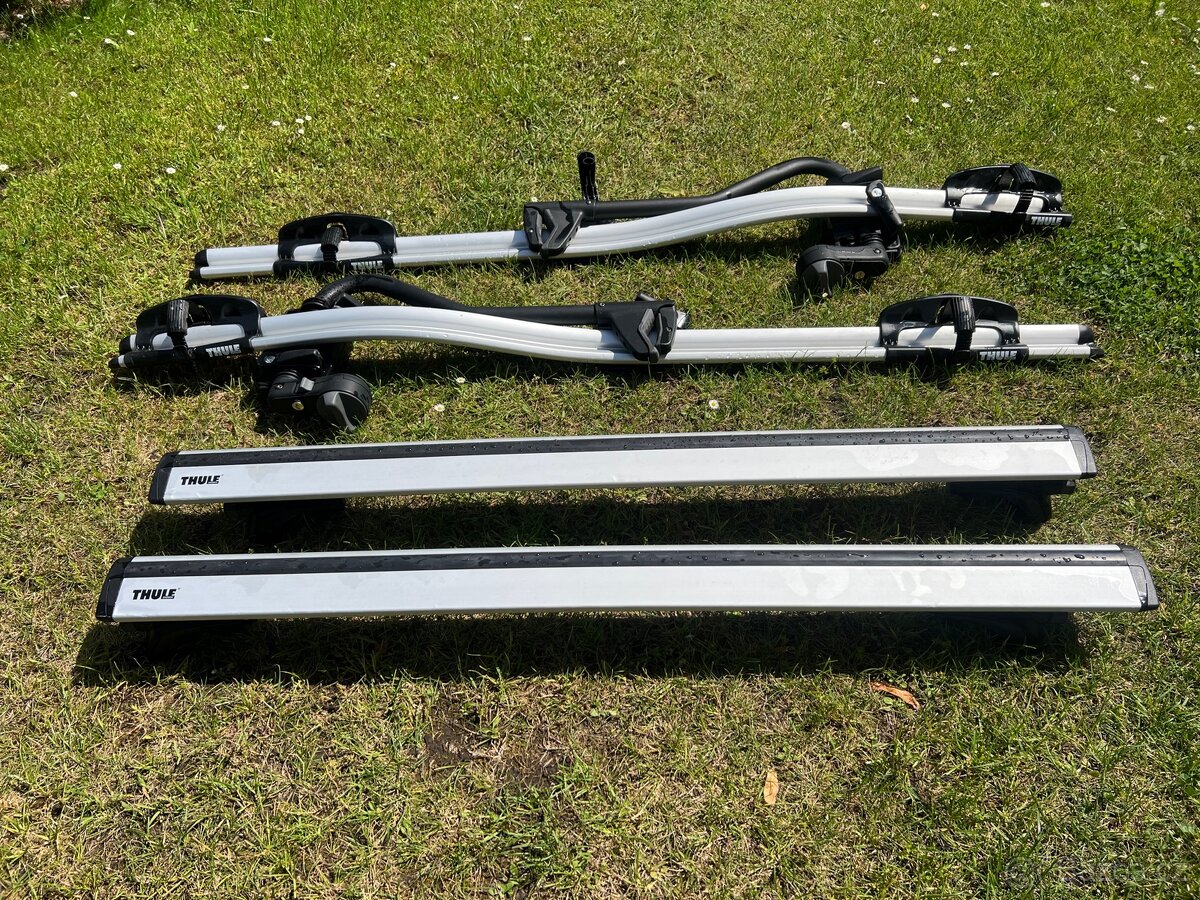 Thule střešní nosiče + 2x nosič kol + patky 753 a 757