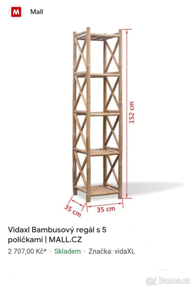 Starší kvalitní Bambusový regál 152x35x35 cm. Cena za kus.