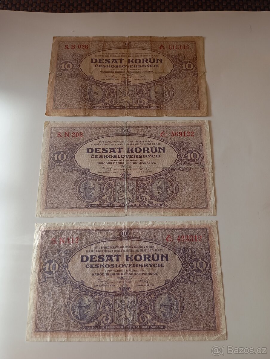 BANKOVKY 10 KČ 1927, SÉRIE B a N, VŠE NEPERFOROVANÉ