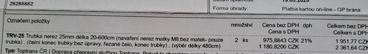 Nerezová trubka 25mm, délka 480 cm 2 kusy