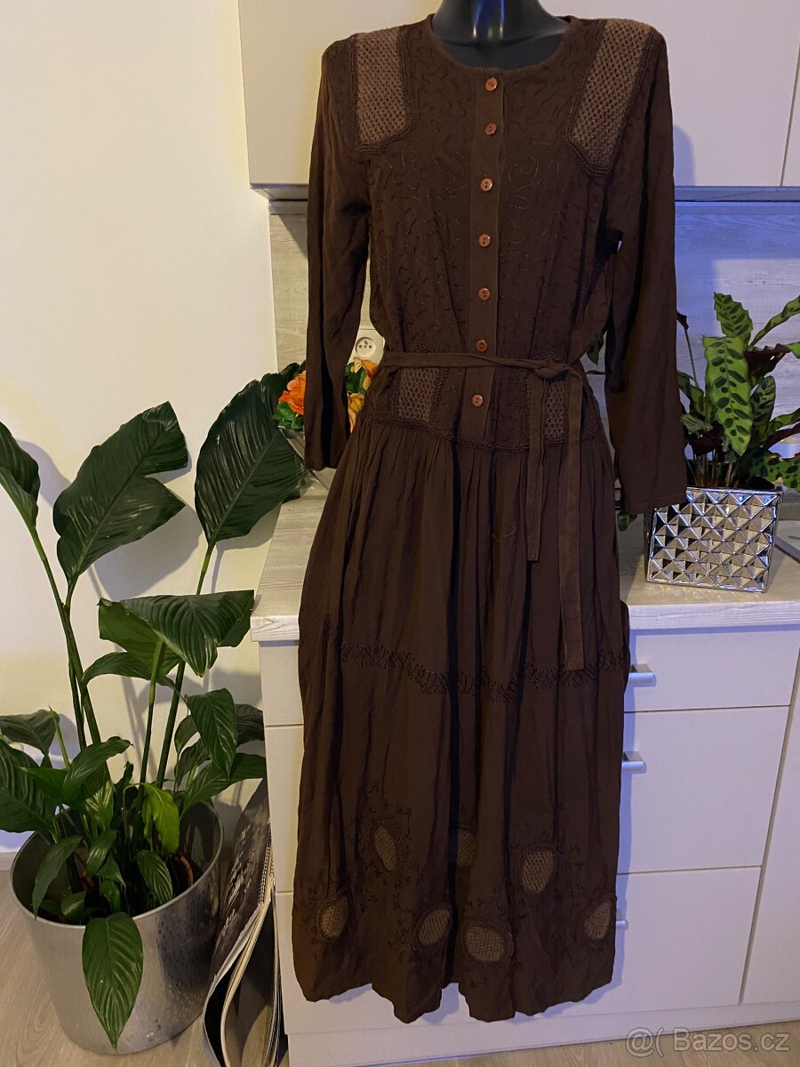 Dlouhe saty rukavy hnede boho maxi 38, 42