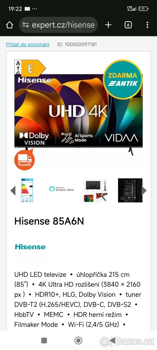 Prodám tv Smart 215cm Hisence v 4K