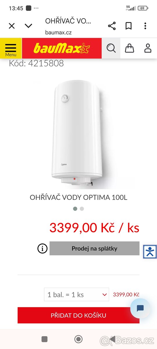 Prodám Elektrický bojler -ohřívač vody