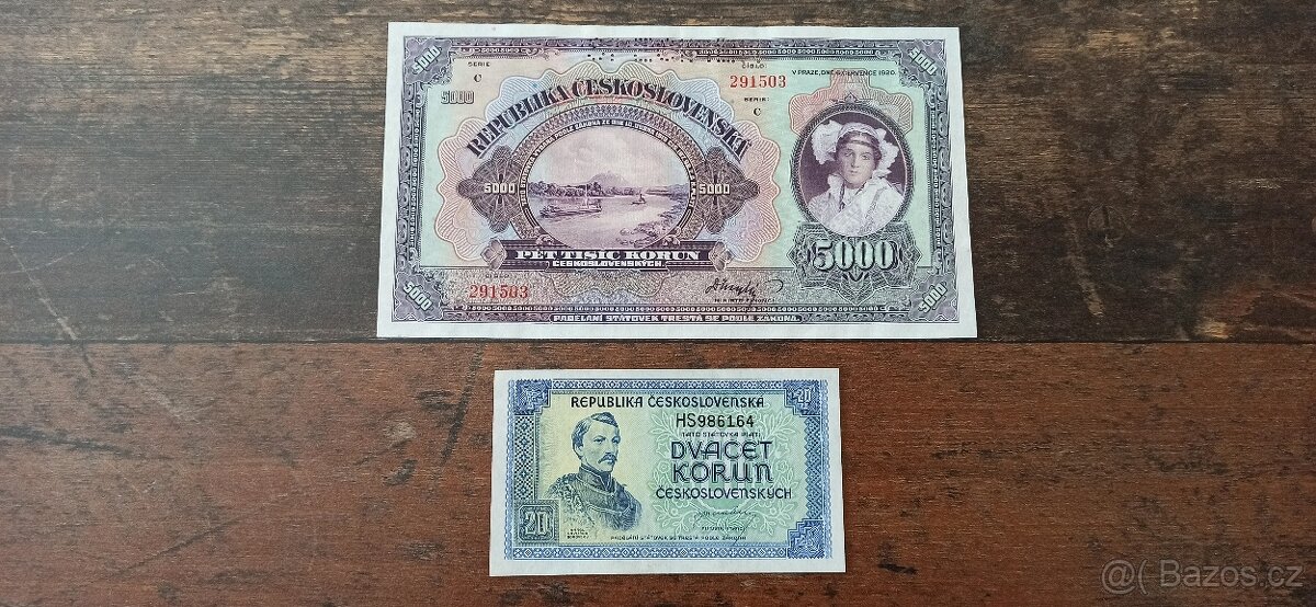 Bankovky a státovky 5000 Kč 1920, 20 Kčs 1945.