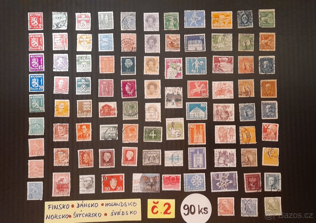 Poštovní známky Finsko, Dánsko, Norsko, Holand, Švý, Švéd.
