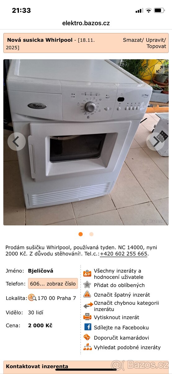 Prodám zánovní kondenzační sušičku Whirlpool