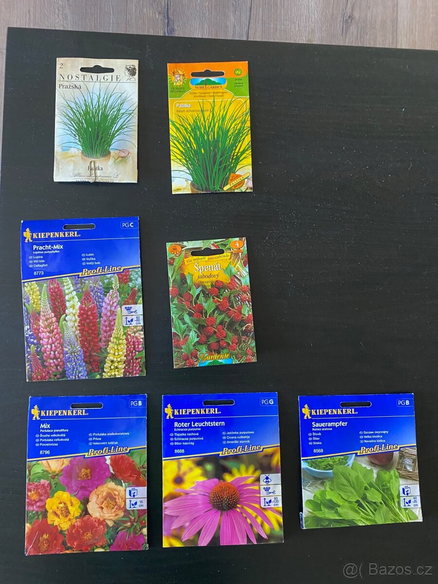 semínka pažitka, jahodový špenát, lupina, třapatka, šťovík