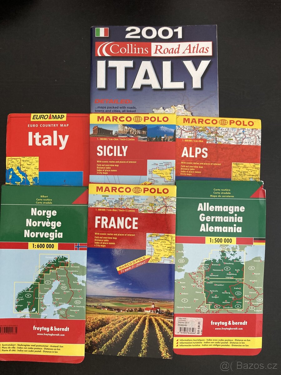 mapa Norsko, Francie, Itálie, Sicílie, Německo, Alpy.