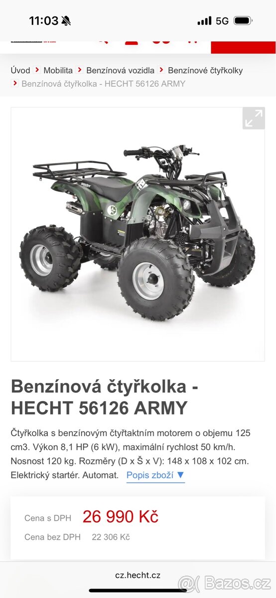 Čtyřkolka HECHT 125cc – skoro nová