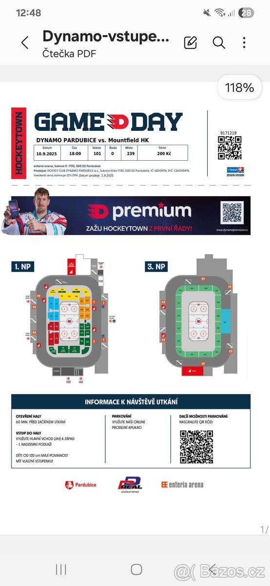 Cena 200 Kč na vyprodaný zápas Pardubice - Hradec Králové -