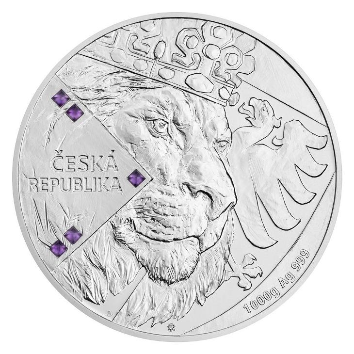 STŘÍBRNÁ 1 KG MINCE ČESKÝ LEV S AMETYSTY B.K. 2024