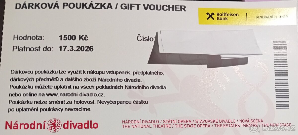 Poukázka do Národního divadla v hodnotě 1500 Kč + 2x pivenka