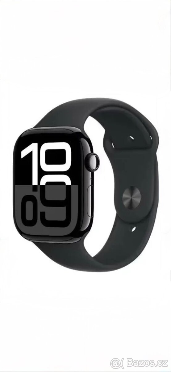 Apple watch 10 46mm, klavírní černá se sportovním řemínkem.