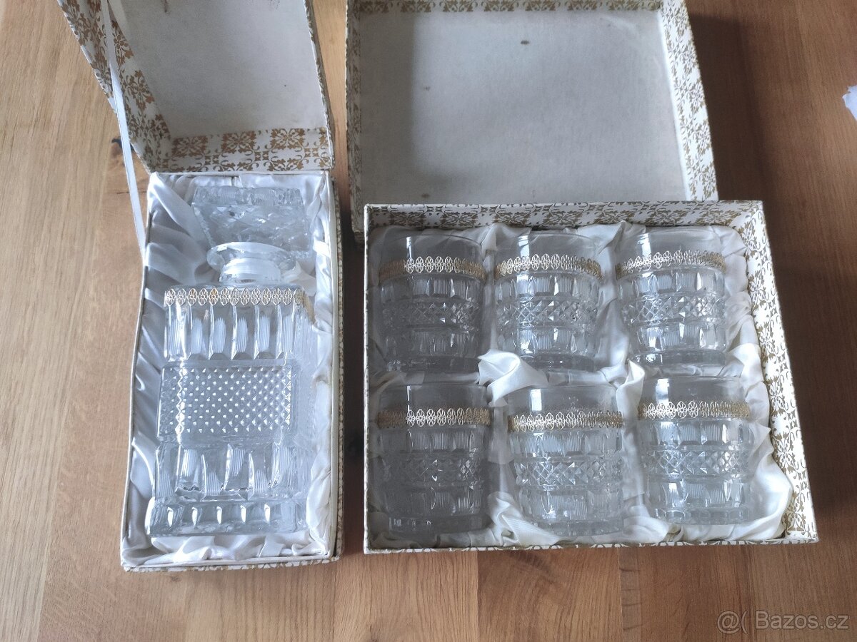 Starožitná broušená sada na whisky karafa, sklenice