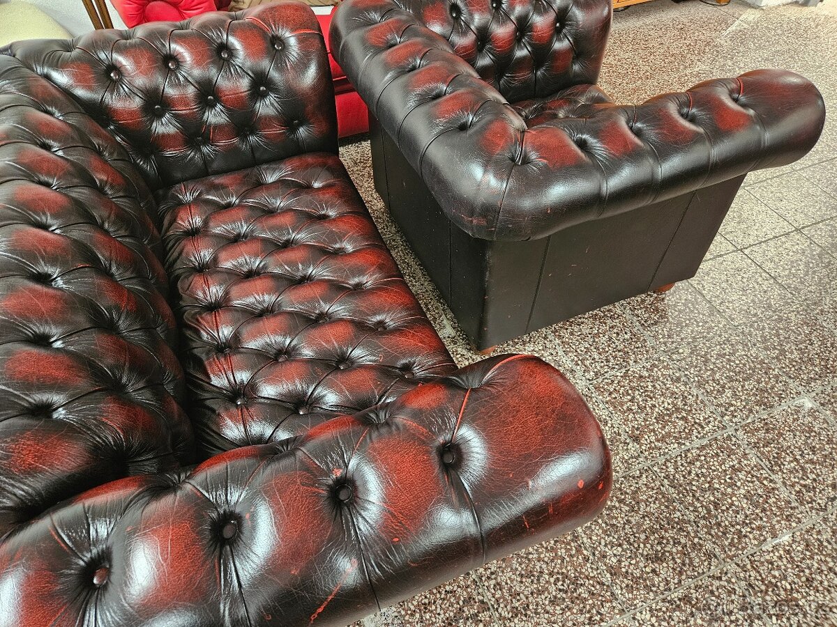 CHESTERFIELD ŠTÝL KOŽENÁ 3+2+1,DVOJFAREBNÁ SEDAČKA