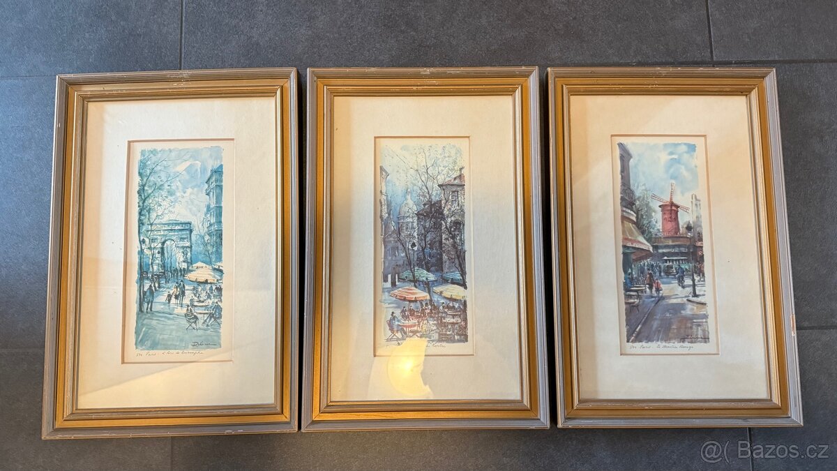 3 x Vintage sada Delarue Paris litografie