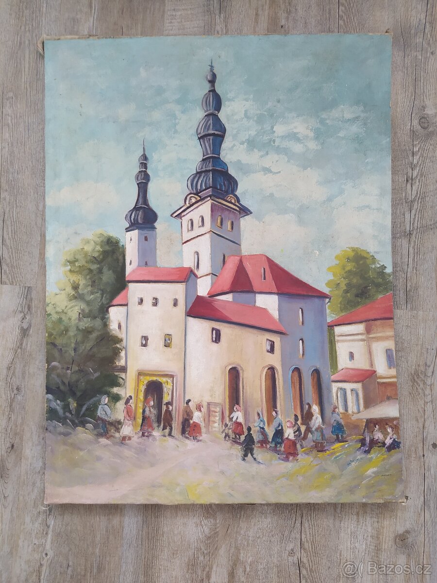 Starožitný obraz- motív kostel (olej na plátně)