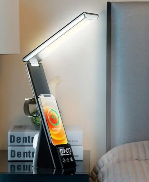 ⭐ LED stolní lampička s bezdrátovou nabíječkou a hodinami. ⭐