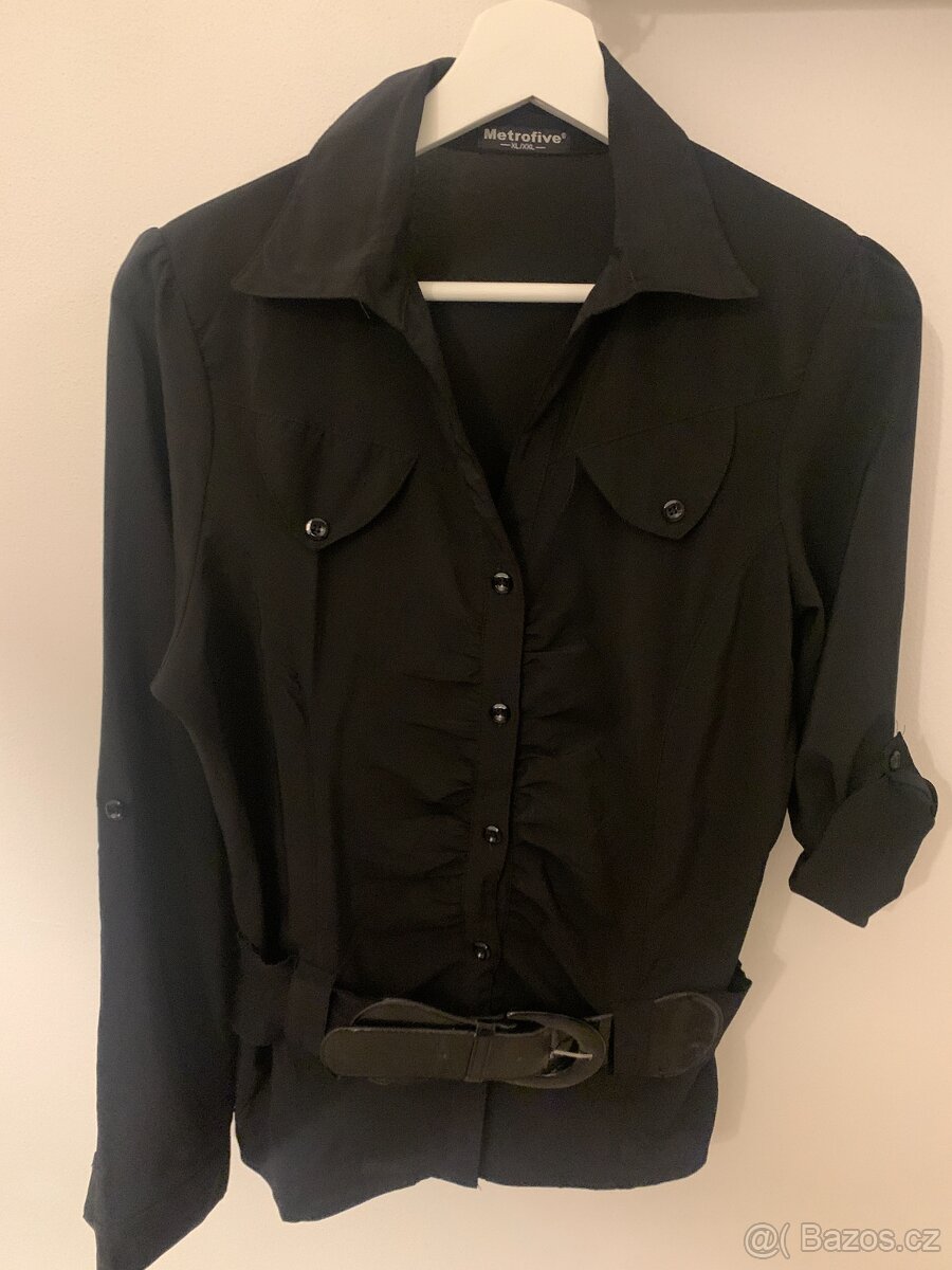 Dámská košile černá s ohrnovacím rukávem a  páskem, vel. XL
