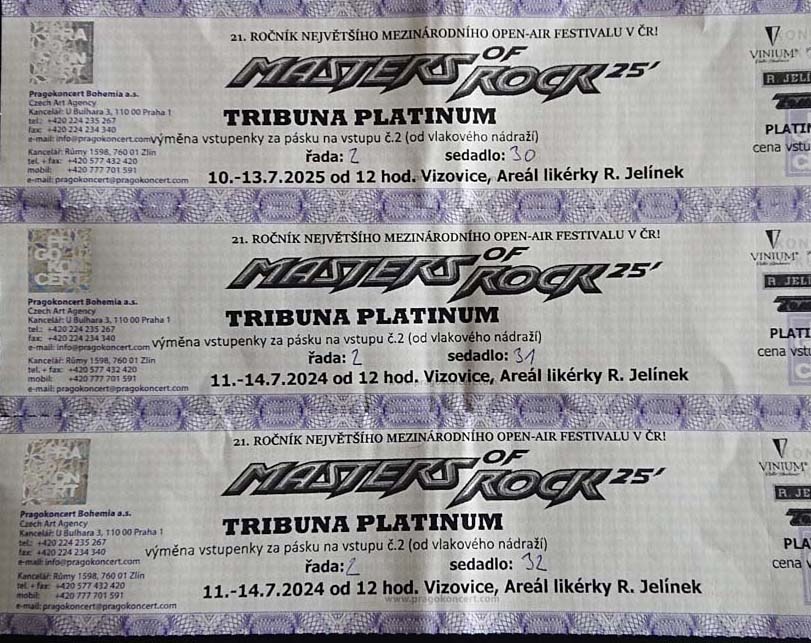 3 vstupenky platinum sezení Masters Of Rock Vizovice