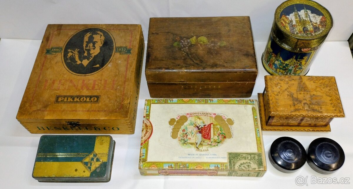 Plechové, dřevěné reklamní krabičky