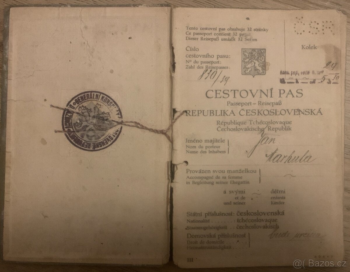 Cestovní pas ČSR – 24. 1. 1939 – těsně před vznikem Protekto