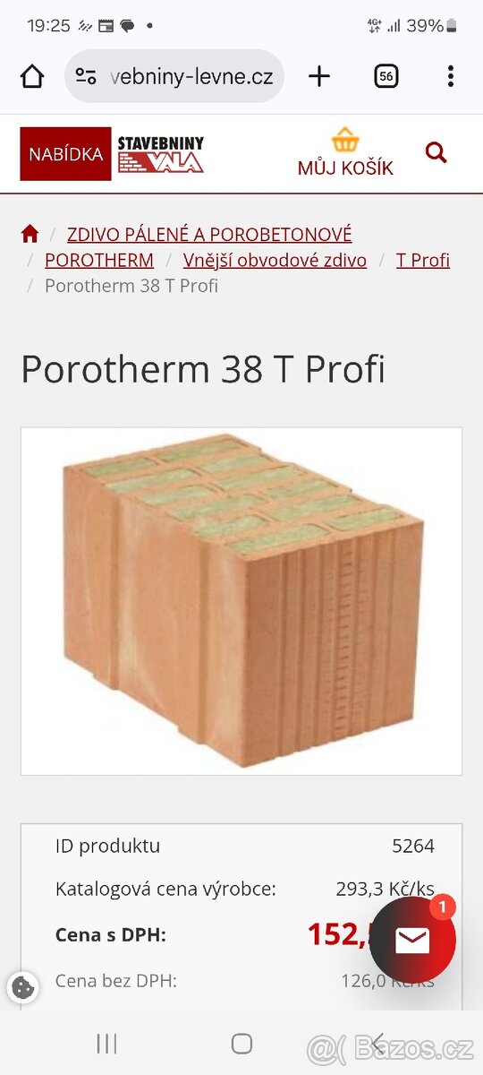 Prodám 2 originální palety s bloky Porotherm T 38 profi