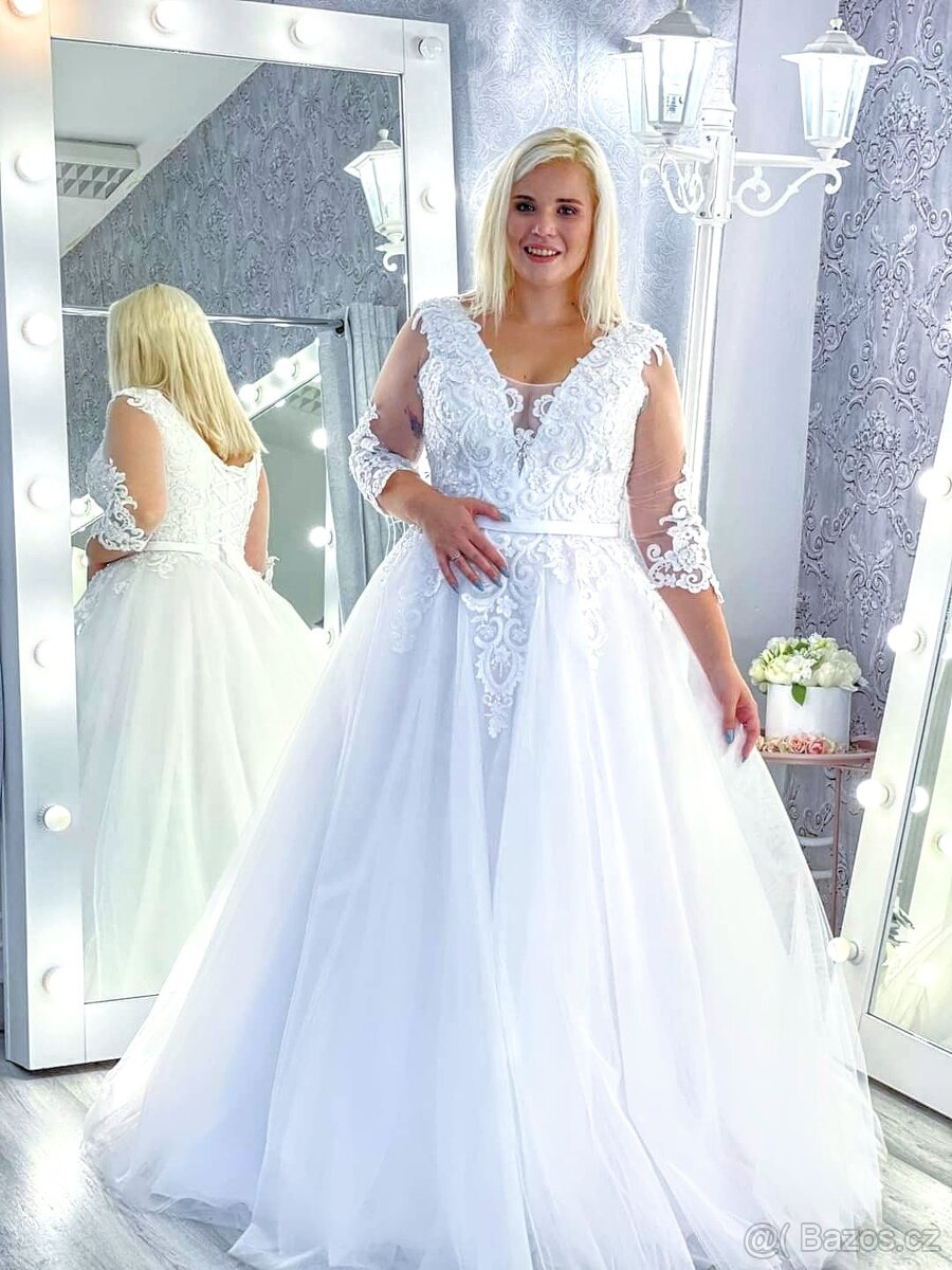 46-48 NOVÉ svatební šaty FASHION s rukávy