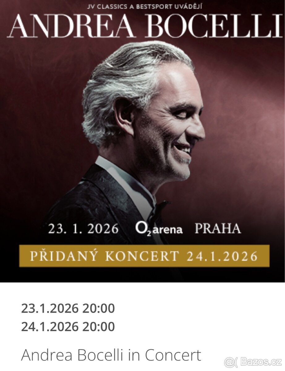 ANDREA BOCELLI, VIP KLUBOVÉ PATRO 24.1.2026 O2 ARENA