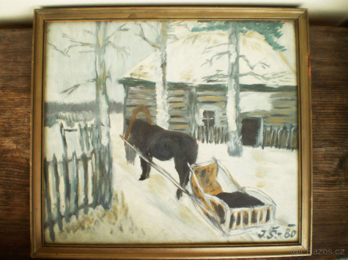 Starý obraz - zimní výjev "Kůň se saněmi"