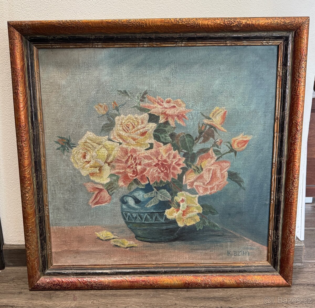 Starý obraz kytice ve váze 57 x 55 cm.