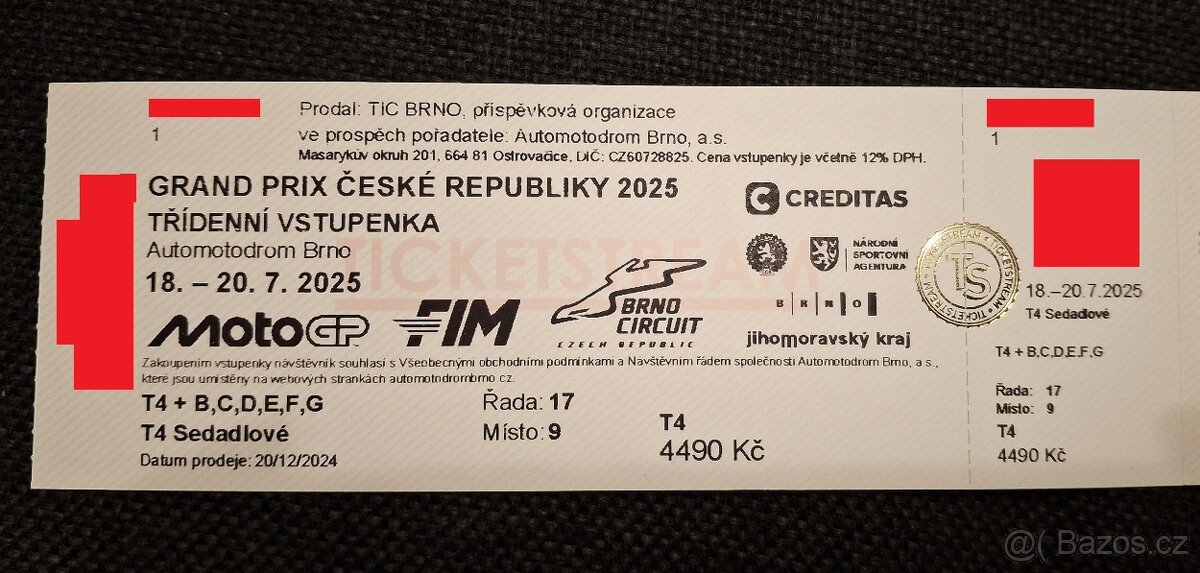 Prodám 2 originální tištěné vstupenky Tribuna T4 na MotoGP