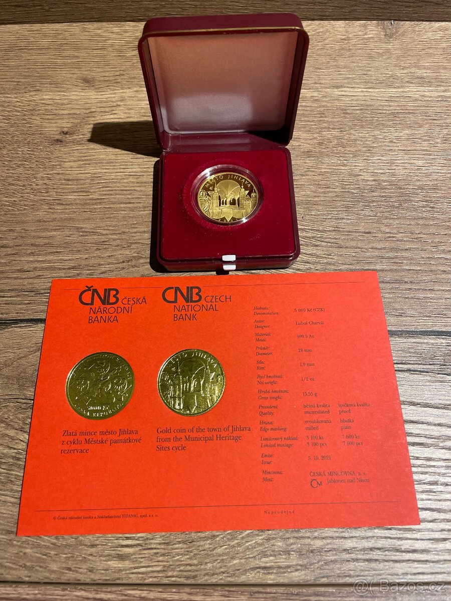Zlatá mince ČNB 5000 Kč Město Jihlava 2021 PROOF