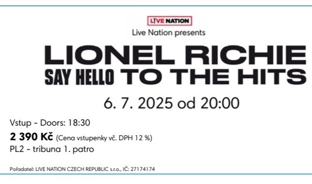 Vstupenka na koncert LIONEL RICHIE 6.7. O2 Aréna