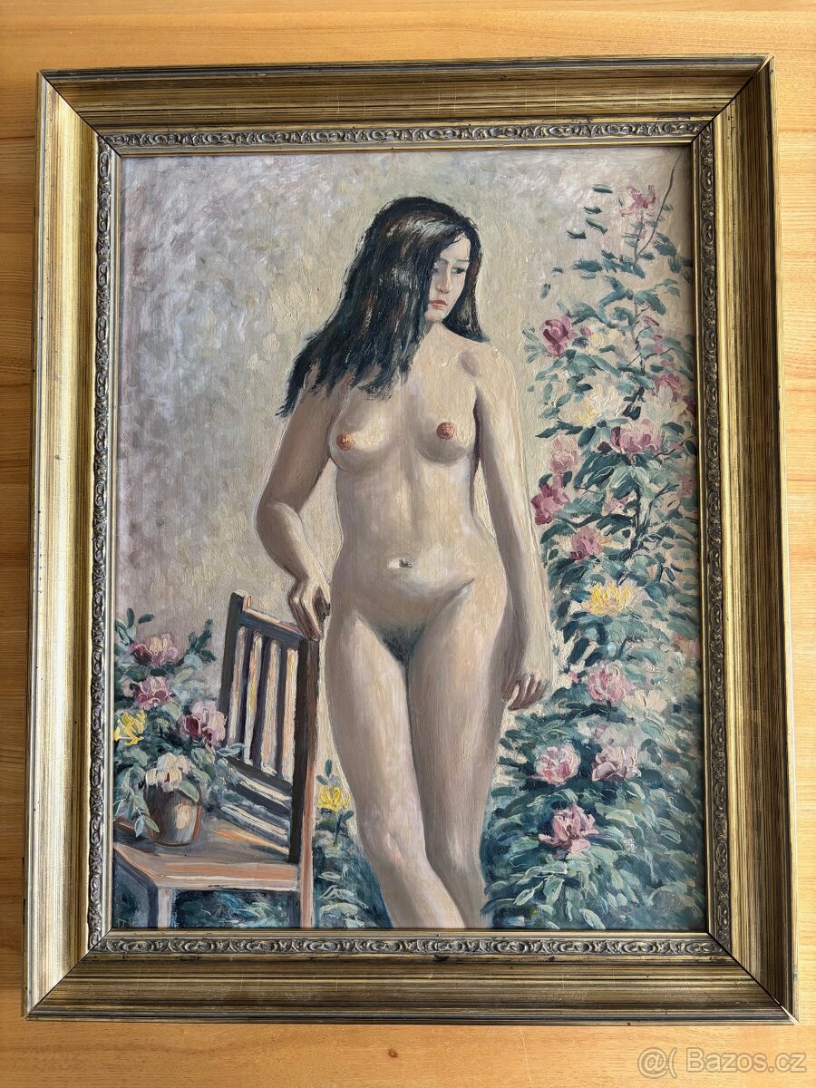 Obraz R.M. akt dívka s květy, olejomalba 68x54