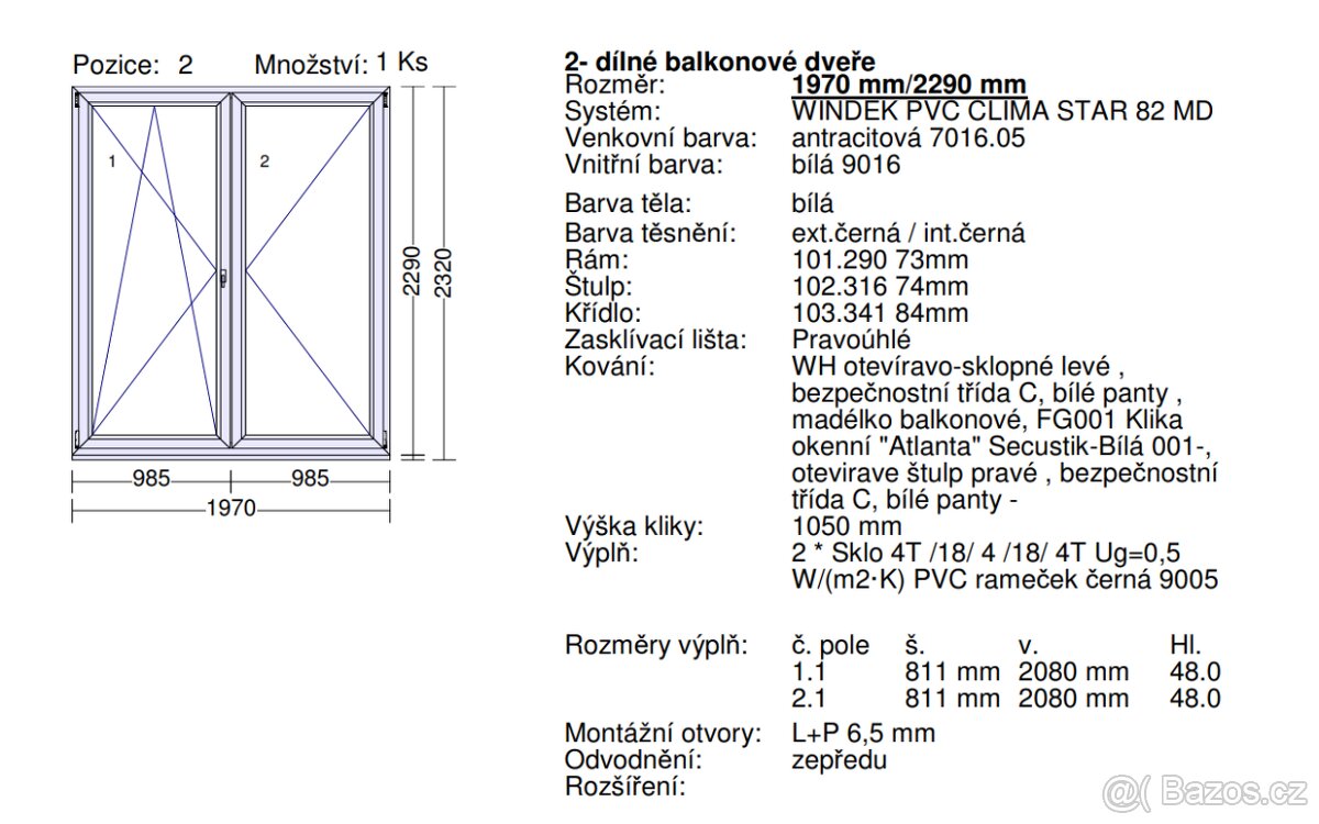 2-dílné balkonové dveře WINDEK PVC CLIMA STAR 82MD