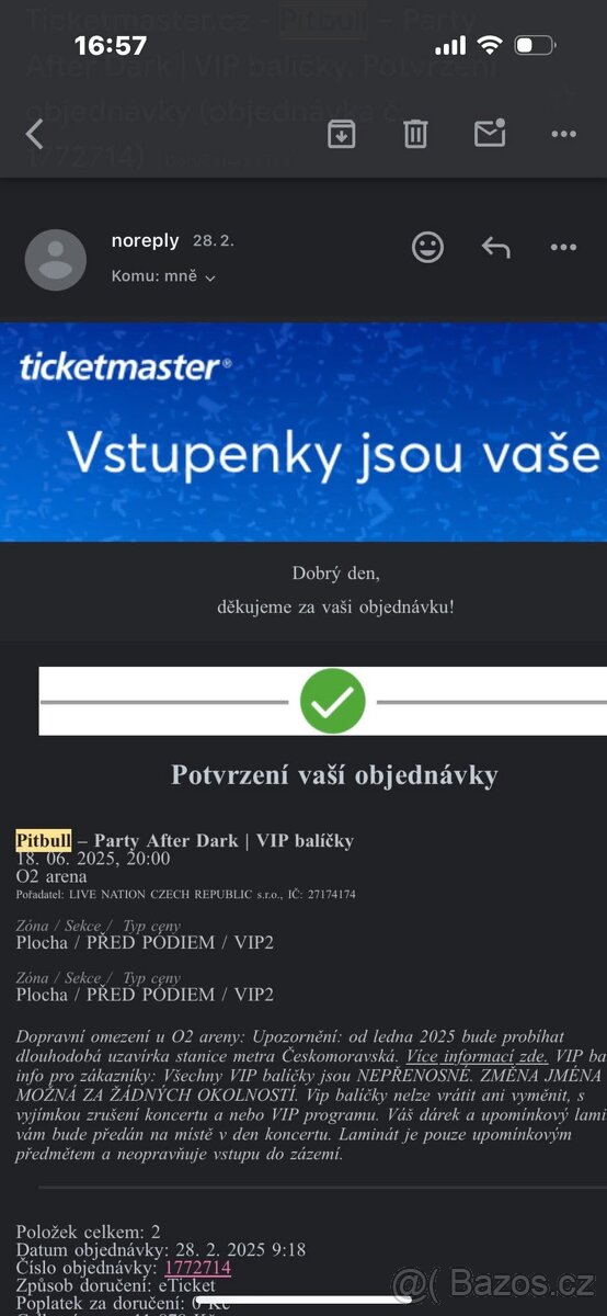 2 VIP vstupenky na koncert Pitbulla 18.6. 2025 Praha