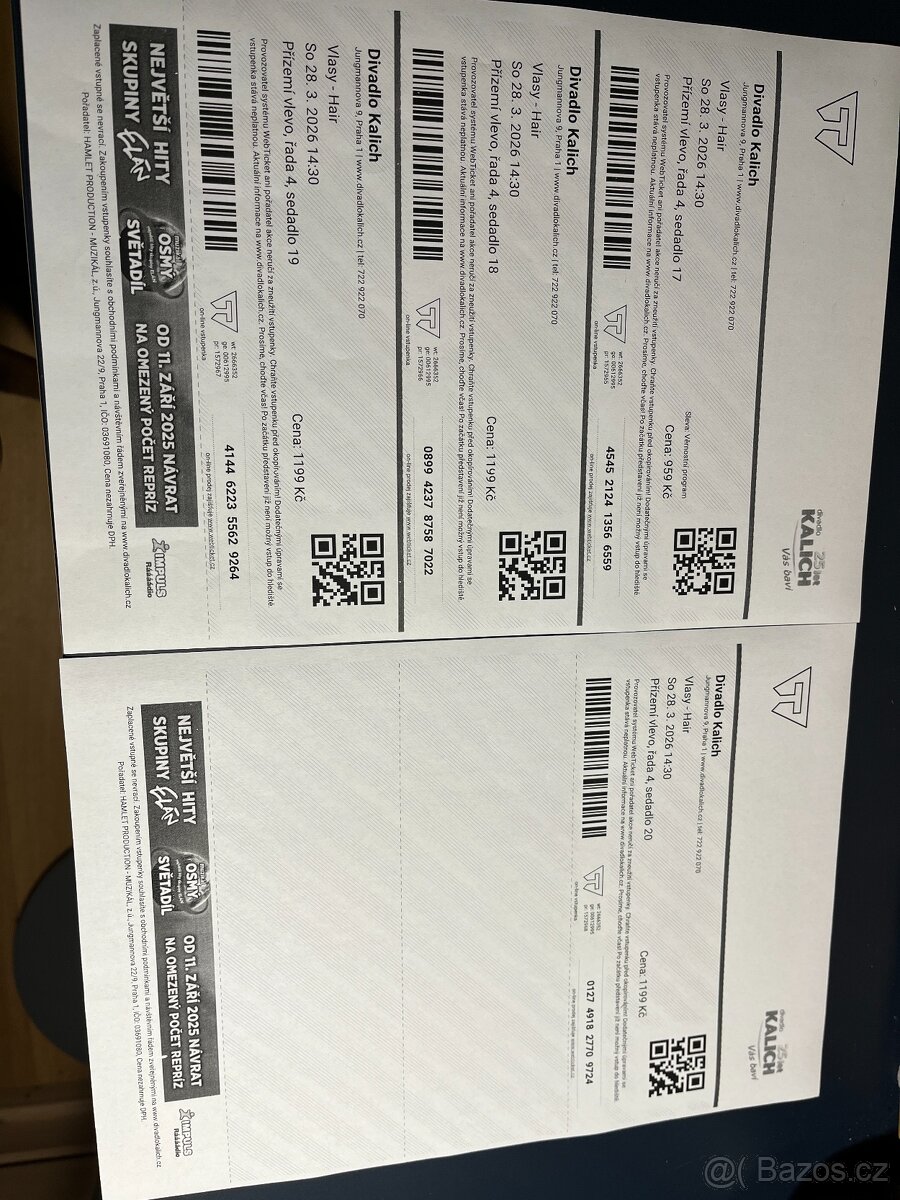 4 vstupenky na muzikál Vlasy do 4. řady za cenu 3