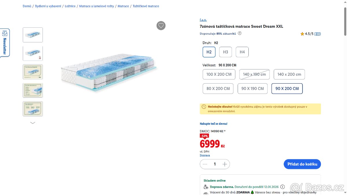 7zónová taštičková matrace Sweet Dream XXL H2 90x200, 26 cm