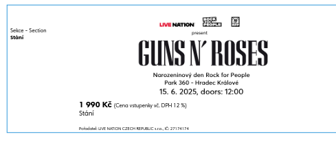 2x vstupenka Guns N´ Roses 16.6.2025