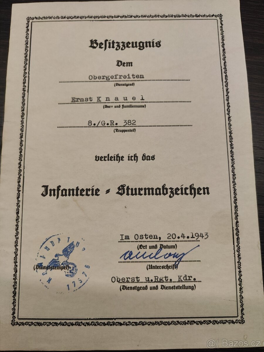 Dekret o udělení Útočného odznaku pěchoty, Wehrmacht